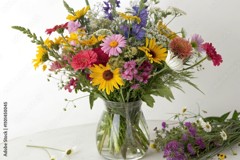 Obraz premium A bright and colorful bouquet of mixed wildflowers arranged in a glass vase, floral arrangement, mixed wildflowers