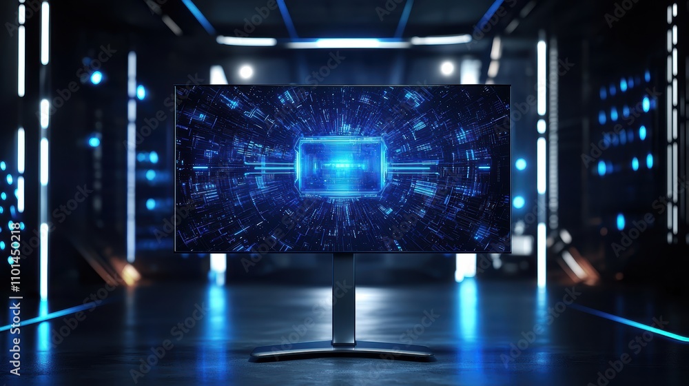 Obraz premium A sleek monitor displays a digital interface, surrounded by futuristic lighting in a high-tech environment.