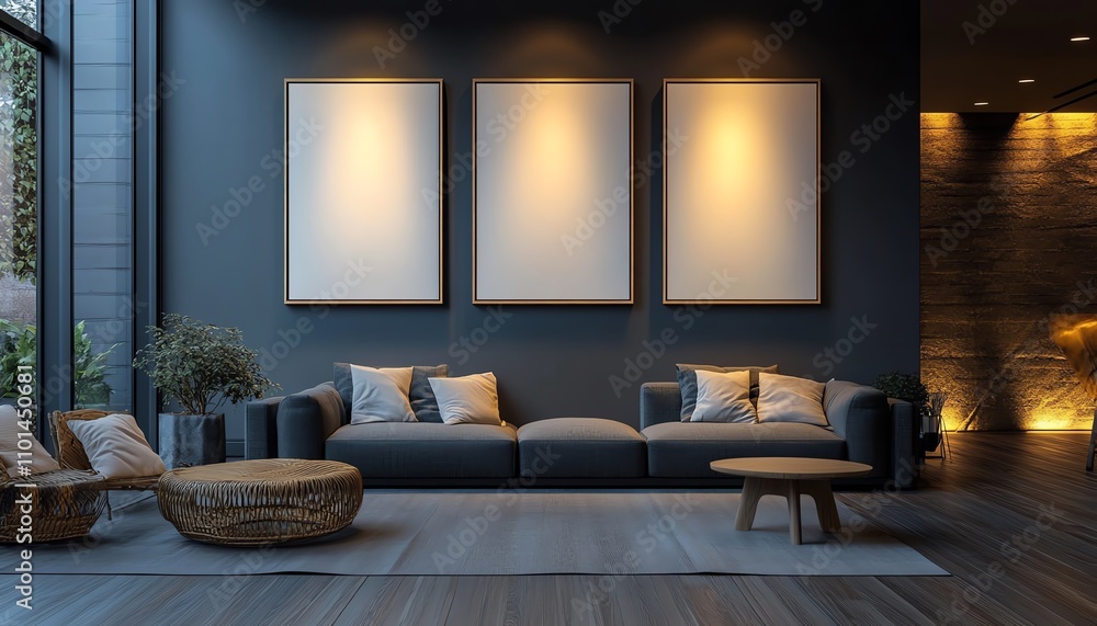 Fototapeta premium Modern gallery room with three blank vertical frames on a dark wall, wooden flooring, sleek and sophisticated design