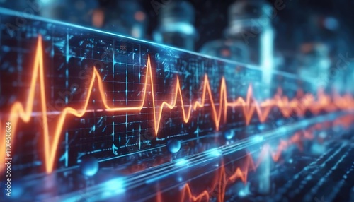 A digital ECG monitor displaying a vibrant orange heartbeat graph with a futuristic interface, symbolizing healthcare and technology photo