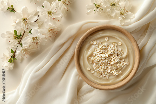 Close-Up of Colloidal Oatmeal Cream for Skin Soothing and Texture Smoothing on Beige Gradient Background photo