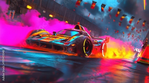 Retro racetrack with neon smoke glowing marks and scattered traffic cones photo