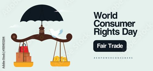 World Consumer rights day. Consumer rights day celebration banner with a justice scale, money on one hand, shopping bag on other. Theme for 2024 is Fair and Responsible AI for Consumers.