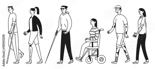 Diverse inclusive set of people. Disabled people on the move. Man and woman with bionic prostheses, wheelchair, crutches, vitiligo. Vector doodle illustration
