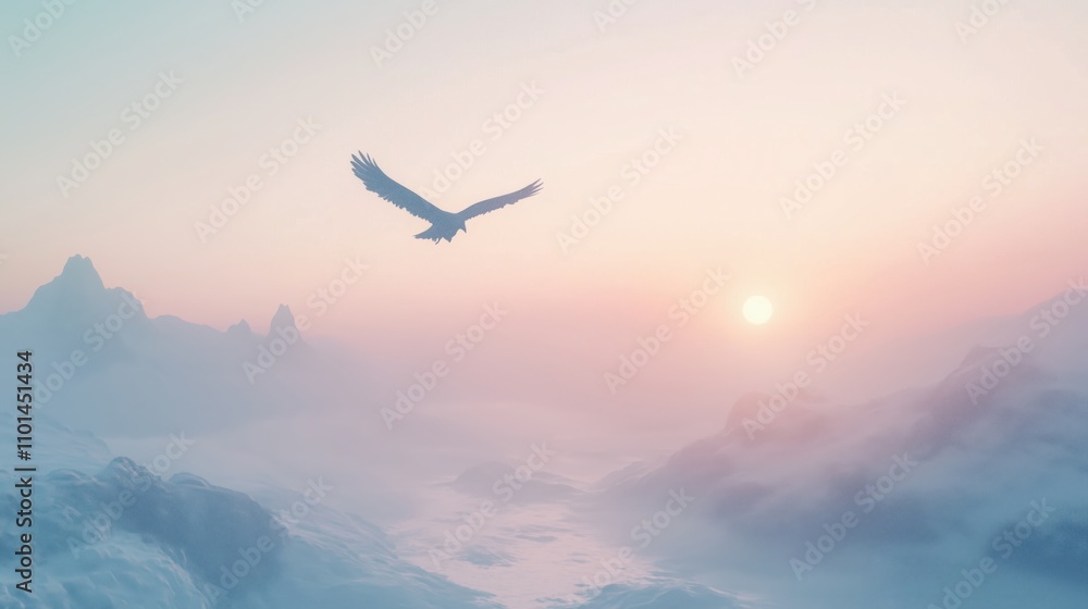 Vogel schwebt durch die Stille der Berge im Sonnenaufgang Vogel schwebt durch die Stille der Berge im Sonnenaufgang