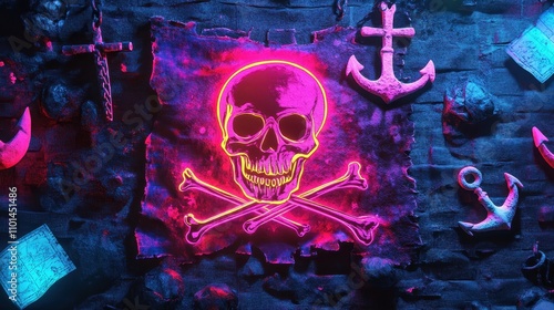 Neon pirate flag glowing with skulls anchors and bold retro designs photo