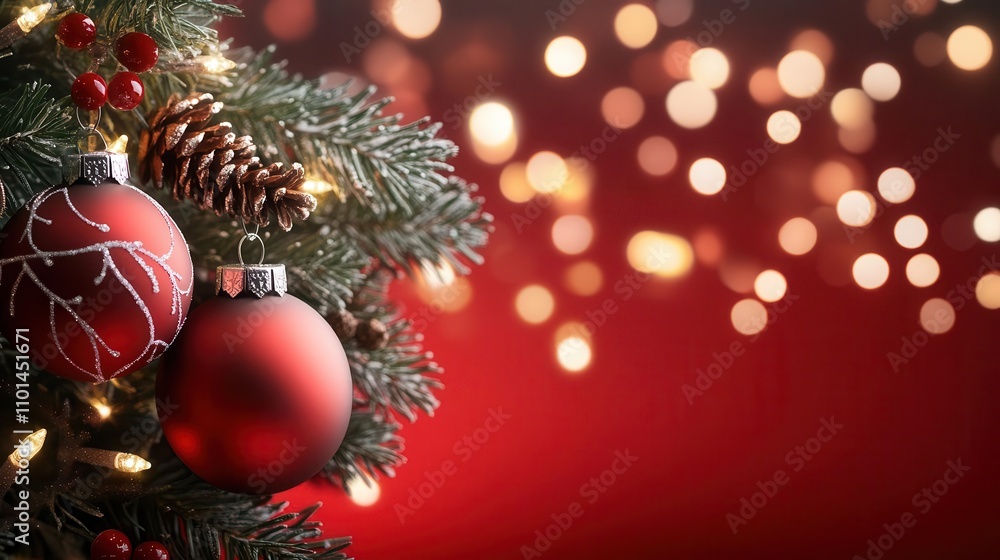 Red and gold Christmas ornaments on a fir branch with twinkling lights against a red background. Red and gold Christmas ornaments on a fir branch with twinkling lights against a red background.