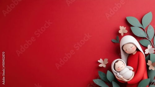 Minimalist 3D illustration of the Holy Family against a red background. photo