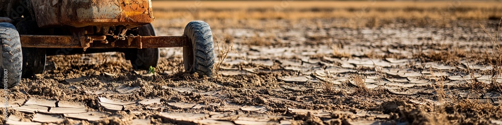 Cracked soil and cart wheels depict drought effects. Cracked soil and cart wheels depict drought effects.
