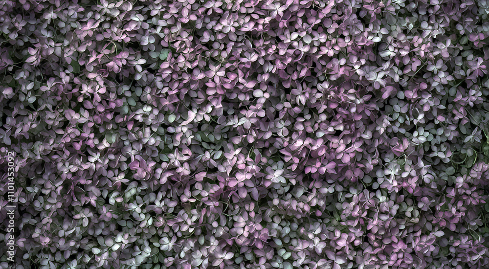 Textured surface covered with small purple and green leaves. Natural foliage background for design and decoration Textured surface covered with small purple and green leaves. Natural foliage background for design and decoration