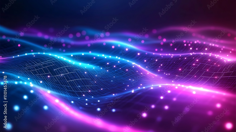 Abstract purple and blue waves of light flowing in a futuristic design, representing dynamic digital data streams. Abstract purple and blue waves of light flowing in a futuristic design, representing dynamic digital data streams.