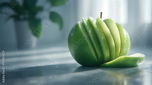 Wallpaper Mural A green apple sliced into thin segments, artfully arranged on a table. Torontodigital.ca