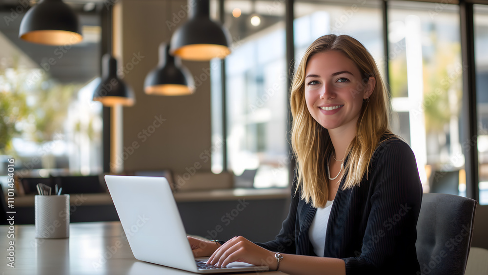 Smiling businesswoman working on a laptop in a modern office. Professional lady working in a cozy office Smiling businesswoman working on a laptop in a modern office. Professional lady working in a cozy office