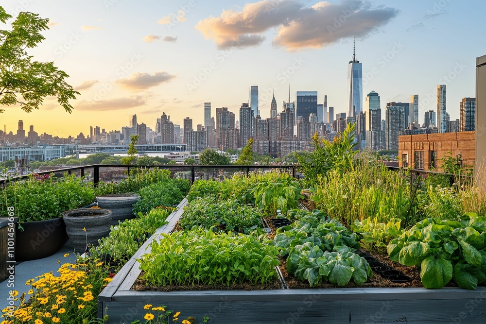 Fototapeta premium Rooftop garden overlooking city skyline at sunset.