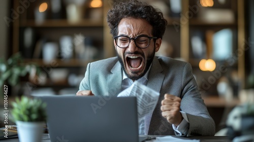 A frustrated man in a suit yells while holding a document at his laptop in an office setting.