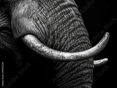 An elephant with long, curved tusks against a solid black background photo