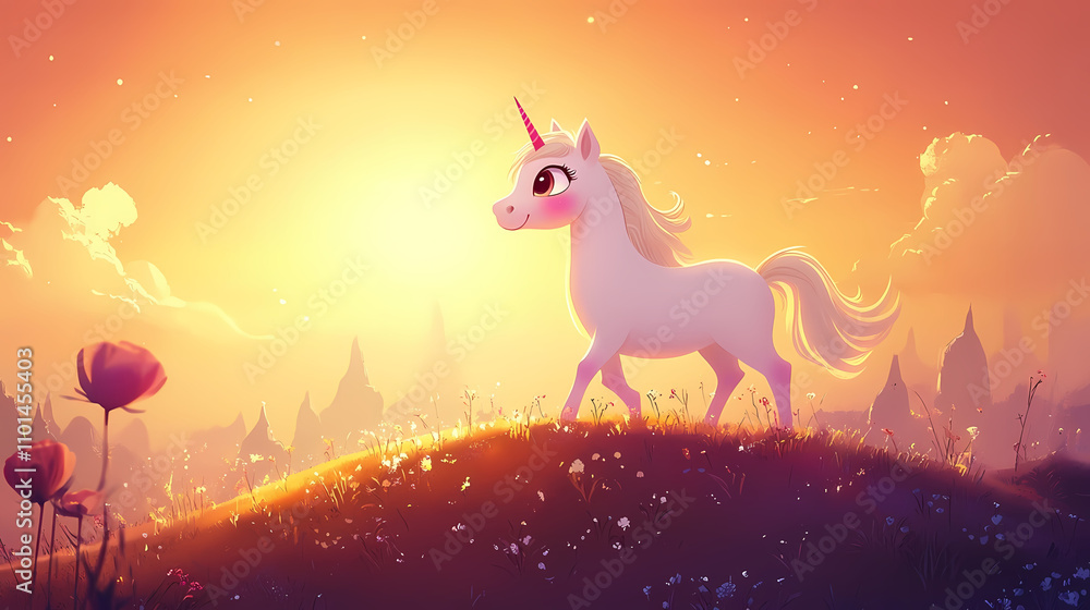 Majestic unicorn walking proudly on a hill at sunset, surrounded by flowers and mountains Majestic unicorn walking proudly on a hill at sunset, surrounded by flowers and mountains