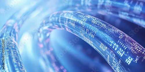 Abstract view of data cables, digital pathways, and binary codes flowing through a data center concept.