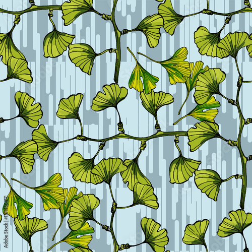 Seamless Pattern with Ginkgo and Physalis. Color sketch style hand drawn background. Detailed illustration, hand drawn. Great for fabric and textile, prints, invitation, packaging