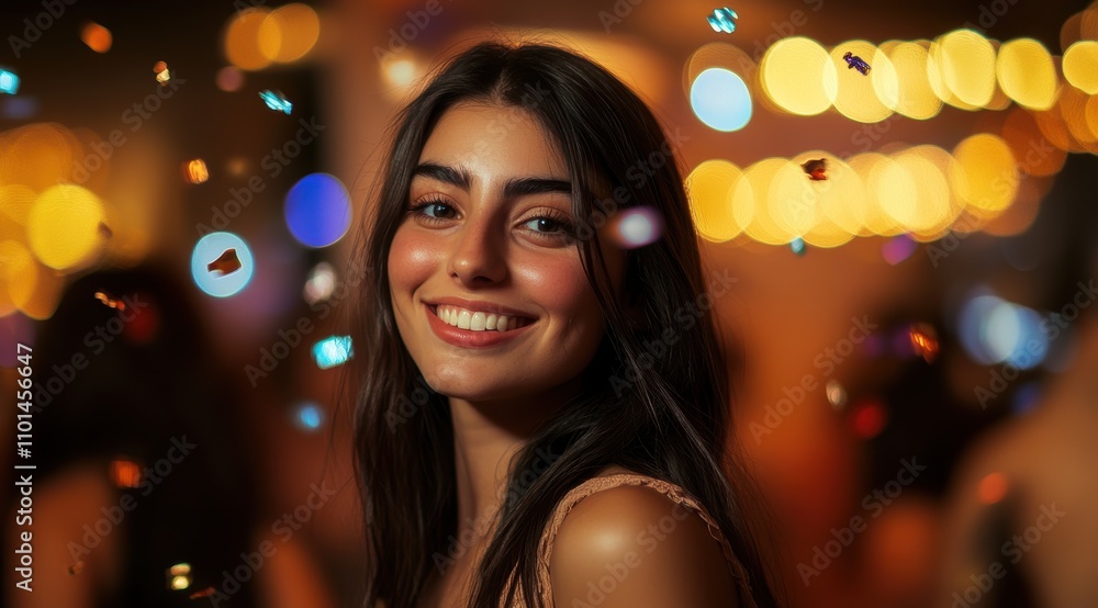 Portrait of a beautiful young woman at a party, with confetti flying around her. Portrait of a beautiful young woman at a party, with confetti flying around her.