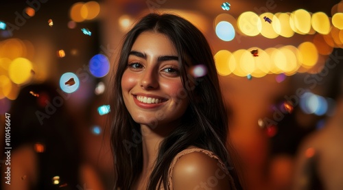 Portrait of a beautiful young woman at a party, with confetti flying around her. 