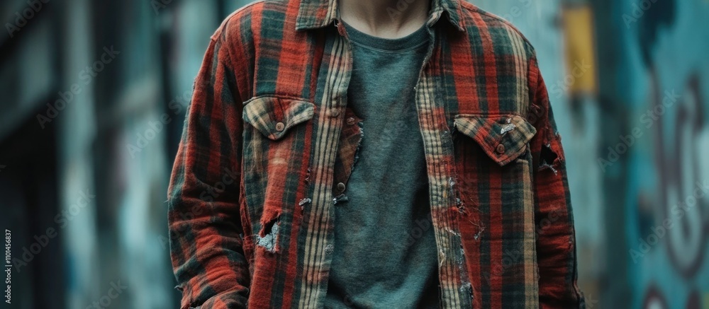 Fototapeta premium A grunge-style plaid shirt with multiple rips and tears, worn-out fabric texture, urban street backdrop