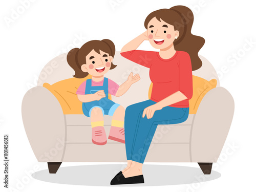 Girl giving happy conversation with mother cartoon illustration