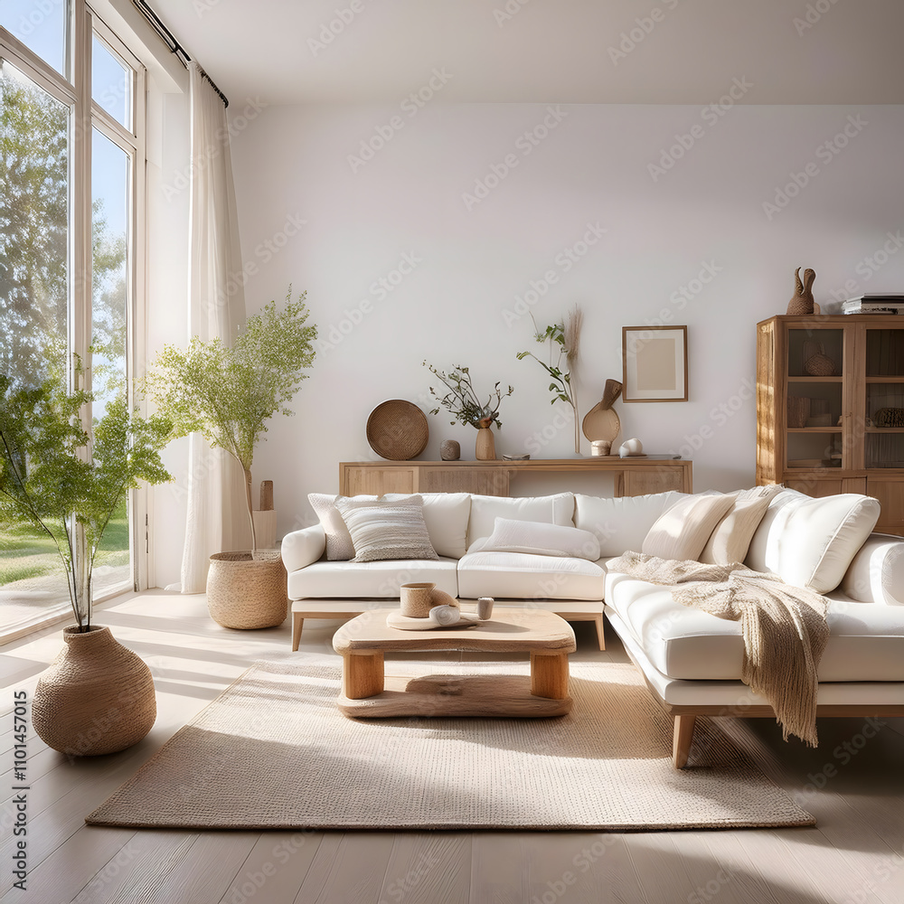 Fototapeta premium A light-filled living room with white walls, simple furniture, and touches of natural wood and soft textiles