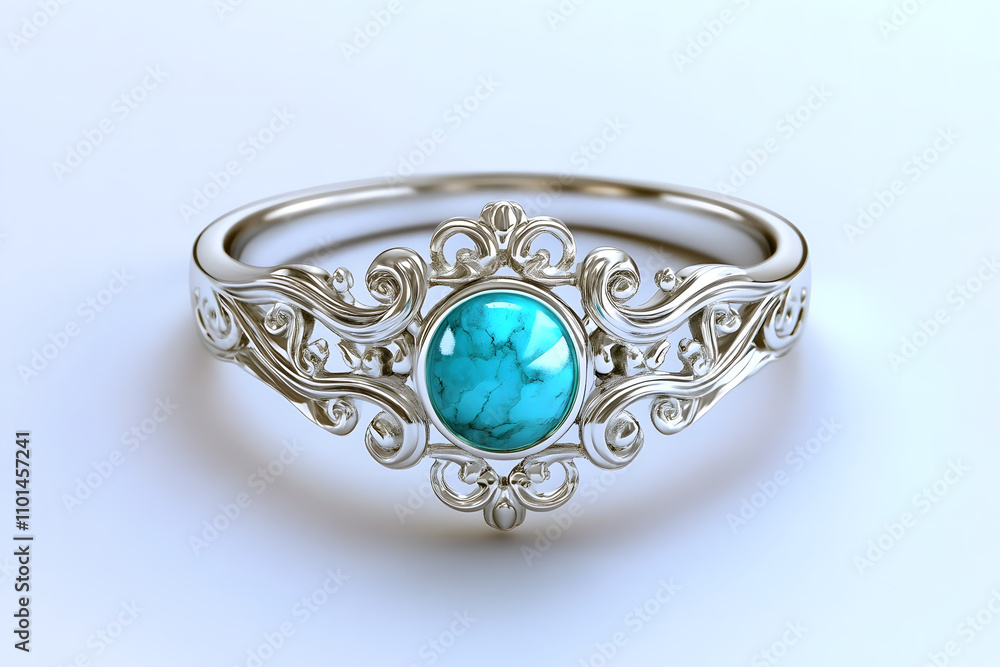 Stylish silver ring featuring a turquoise gemstone with ornate decorative design Stylish silver ring featuring a turquoise gemstone with ornate decorative design