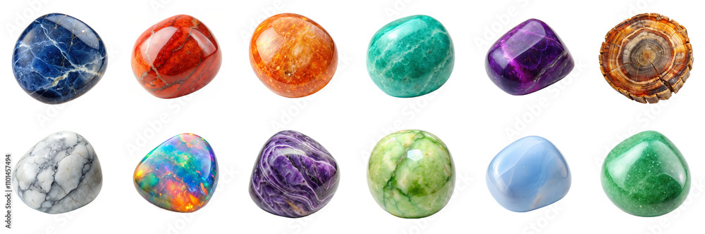 Polished gemstones isolated on transparent background. Includes amazonite, aventurine, chalcedony, charoite, howlite, opal, petrified wood, red jasper, serpentine, sodalite sugilite, sunstone PNG set Polished gemstones isolated on transparent background. Includes amazonite, aventurine, chalcedony, charoite, howlite, opal, petrified wood, red jasper, serpentine, sodalite sugilite, sunstone PNG set