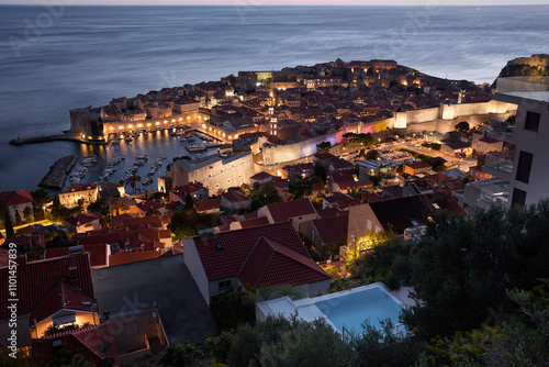 Panorama of Dubrovnik old town at night, Croatia
