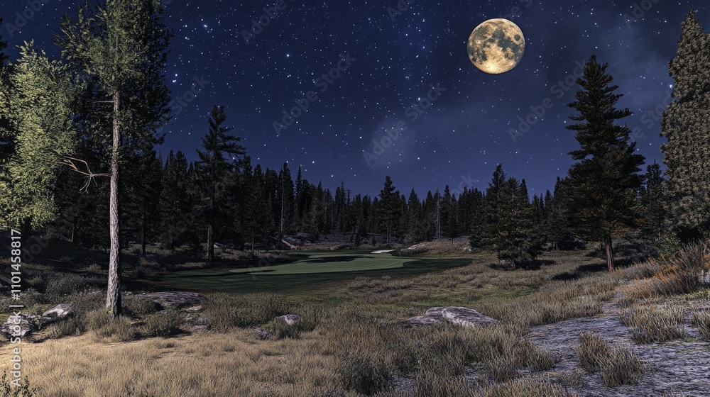 Peaceful Golf Course Under Full Moonlight Peaceful Golf Course Under Full Moonlight