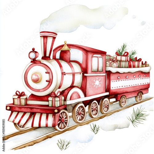 A cute Christmas train with gifts, in a red and white color palette, in a watercolor style