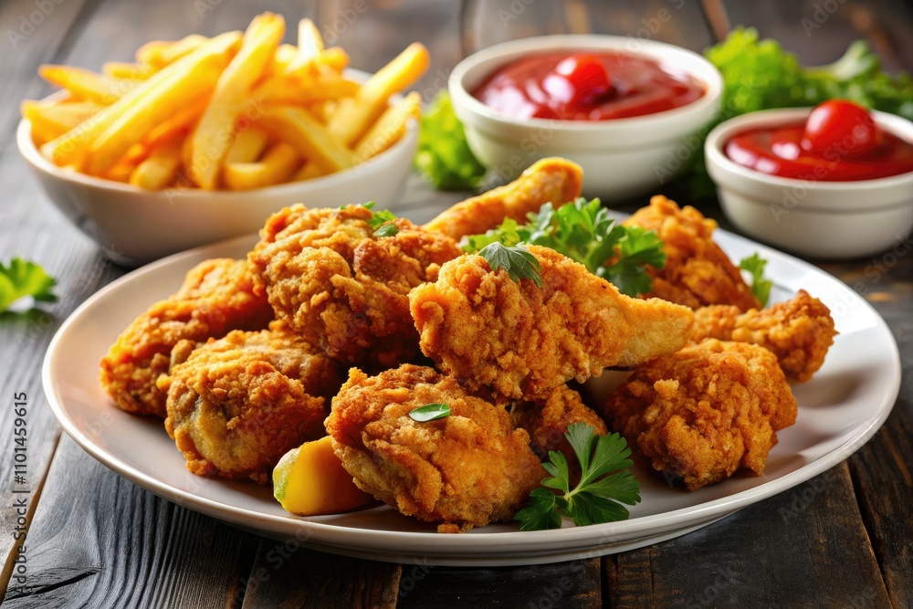 Crispy Fried Chicken with French Fries and Ketchup - Delicious Comfort Food Photography Crispy Fried Chicken with French Fries and Ketchup - Delicious Comfort Food Photography