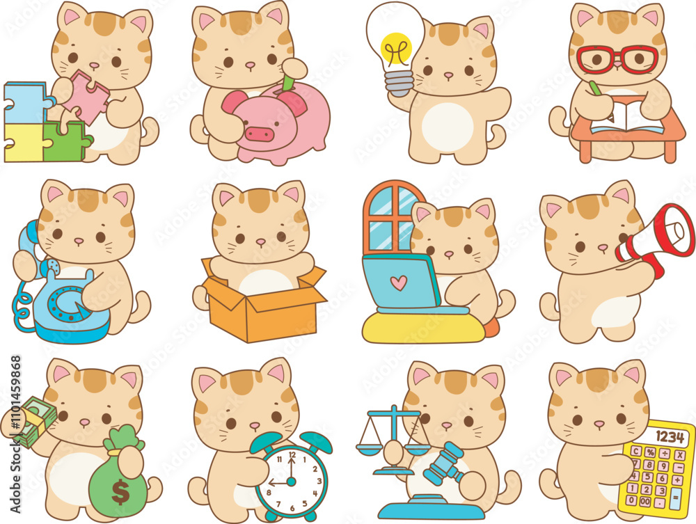 Illustration of cute kitty icon.
Funny cat in daily activities elements.
Illustration of cute kitty icon.
Funny cat in daily activities elements.