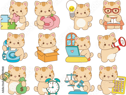 Illustration of cute kitty icon.
Funny cat in daily activities elements.
