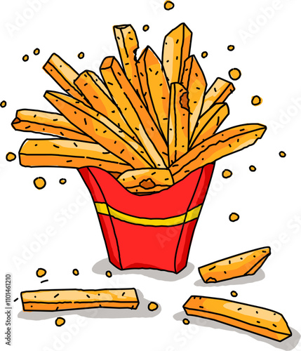 french fries on red yellow Paper box issolated on white 