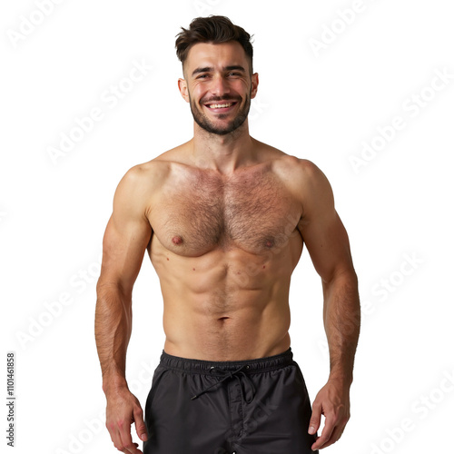 A muscular, shirtless man with a six-pack smiles confidently, wearing black shorts isolated
