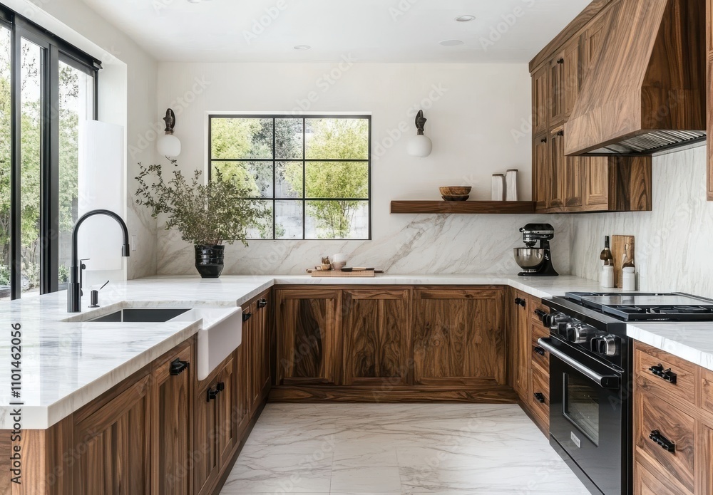 Modern Kitchen Interior with Wooden Cabinets and Marble Countertops Features Sleek Design, Bright Natural Light, and Stylish Accessories for Contemporary Living Spaces Modern Kitchen Interior with Wooden Cabinets and Marble Countertops Features Sleek Design, Bright Natural Light, and Stylish Accessories for Contemporary Living Spaces