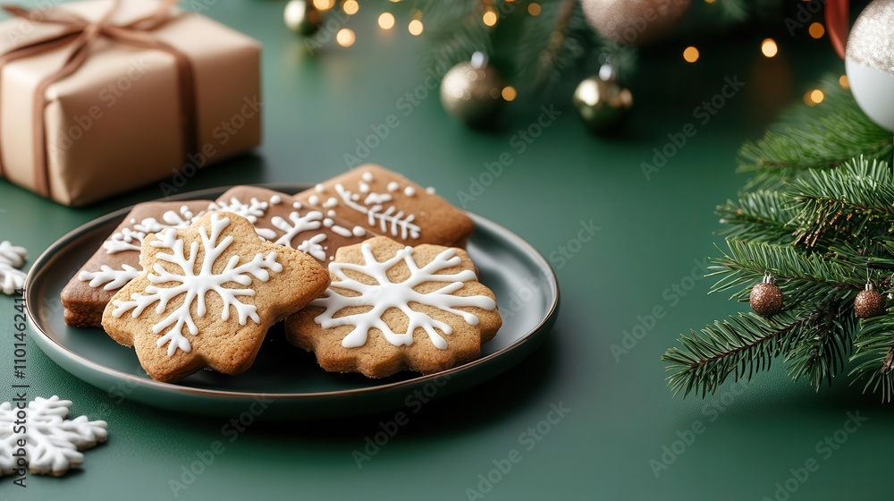 Christmas gingerbread cookies with white frosting on a green plate. Christmas gingerbread cookies with white frosting on a green plate.