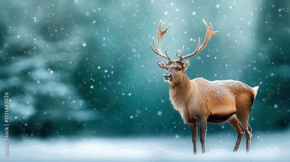 Fototapeta premium Majestic deer standing in a snowy forest, winter wonderland scene.
