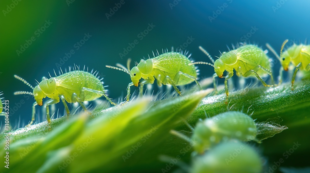 Microscopic Green Aphids Crawling on a Leaf Microscopic Green Aphids Crawling on a Leaf