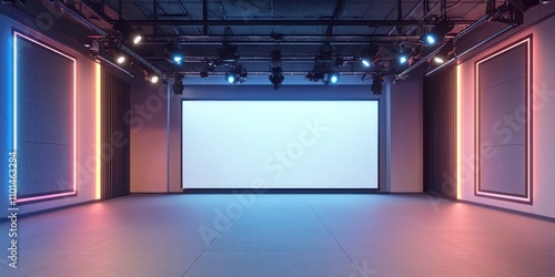 An empty broadcast studio with professional lighting, ready to host a construction industry discussion. photo