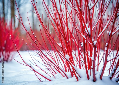 Minimalist Winter Landscape Featuring Red Twig Dogwood: Nature's Simple Beauty, Vibrant Contrast, and Serene Scenes in Snowy Environments for Photography Enthusiasts photo