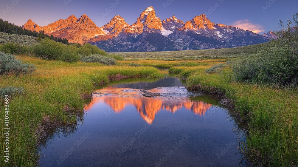 Obraz premium Scenic mountain landscape with reflection in tranquil water at sunrise.