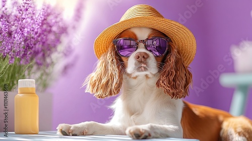 Cool Cavalier King Charles Spaniel in Sunglasses and Summer Hat photo