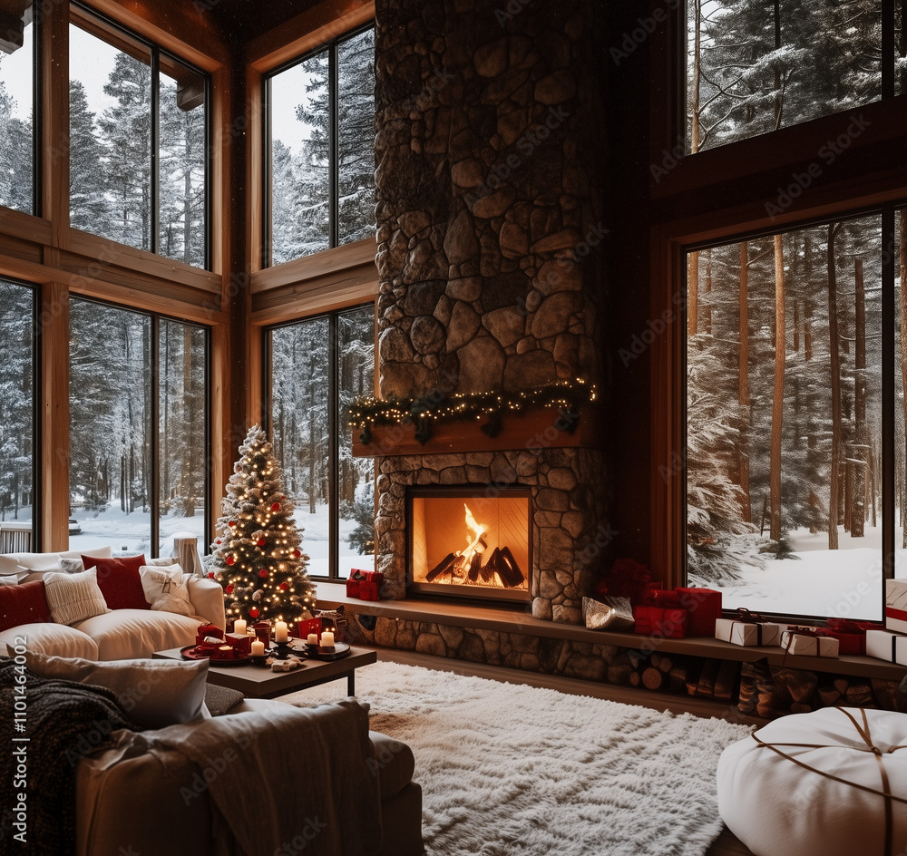 Fototapeta premium A luxurious cabin in the woods, with large windows offering views of the snow-covered trees outside. A stone fireplace provides warmth and comfort, complemented by a cozy sofa with plush pillows
