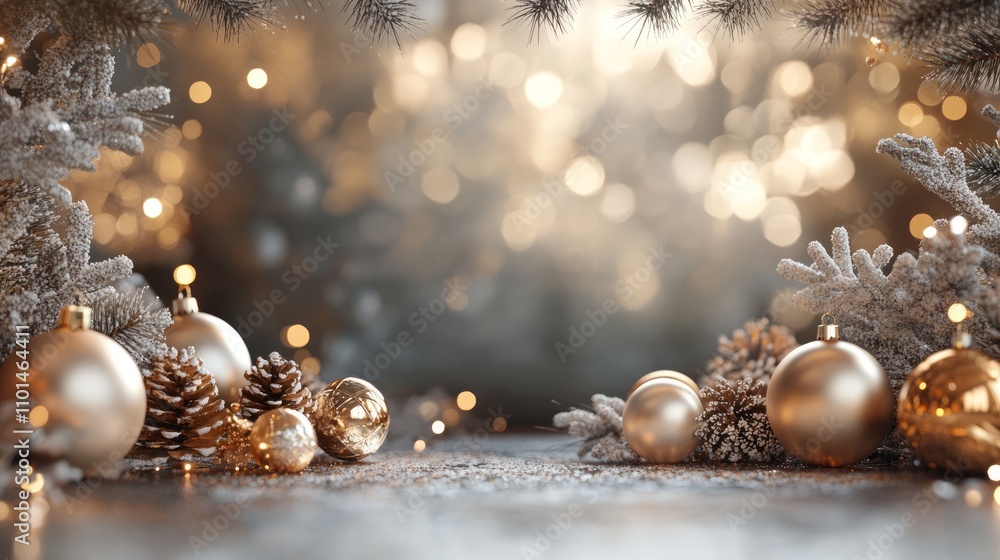 A festive arrangement featuring ornaments, pinecones, and soft bokeh lights for a holiday atmosphere. A festive arrangement featuring ornaments, pinecones, and soft bokeh lights for a holiday atmosphere.
