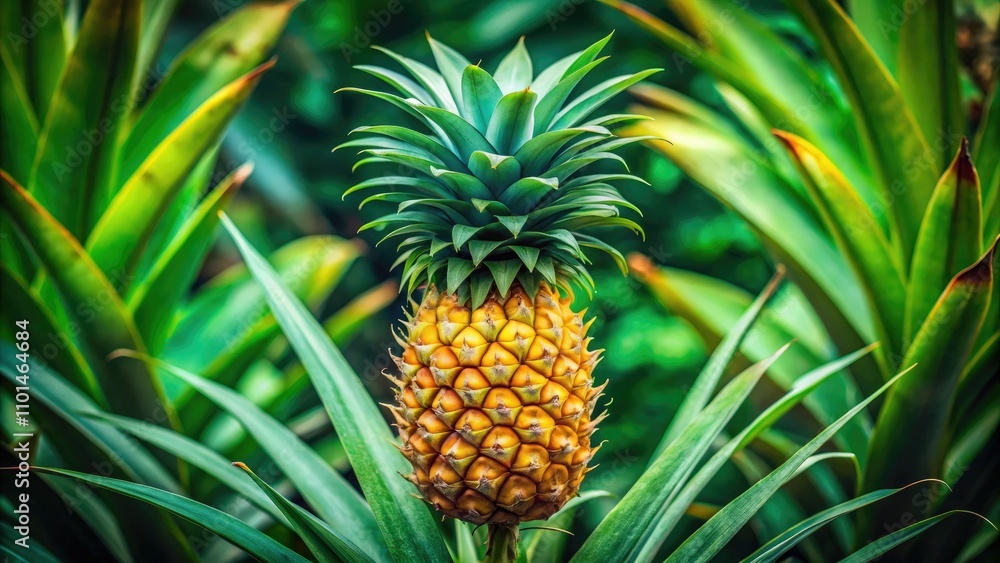 Ripe Pineapple Plant with Juicy Fruit in Lush Tropical Setting - Vertical Close-Up Image of Vibrant Green Leaves and Golden Pineapple for Nature, Agriculture, and Organic Farming Photography Ripe Pineapple Plant with Juicy Fruit in Lush Tropical Setting - Vertical Close-Up Image of Vibrant Green Leaves and Golden Pineapple for Nature, Agriculture, and Organic Farming Photography