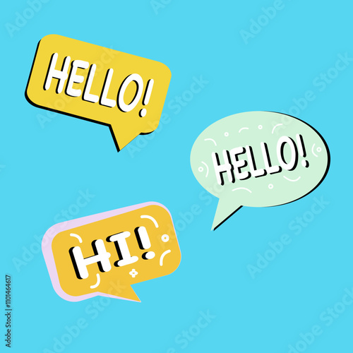 Colorful speech balloons with greetings Hello! and Hi! on bright blue background, conveying cheerful and friendly vibe